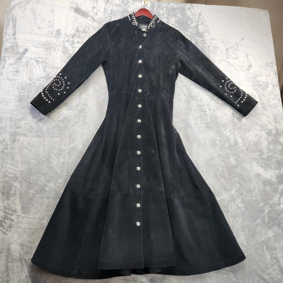 MARELLA Jackets & Blazers - Vintage Arella Studded Suede Western Duster Coat Dress Women's L Black Leather